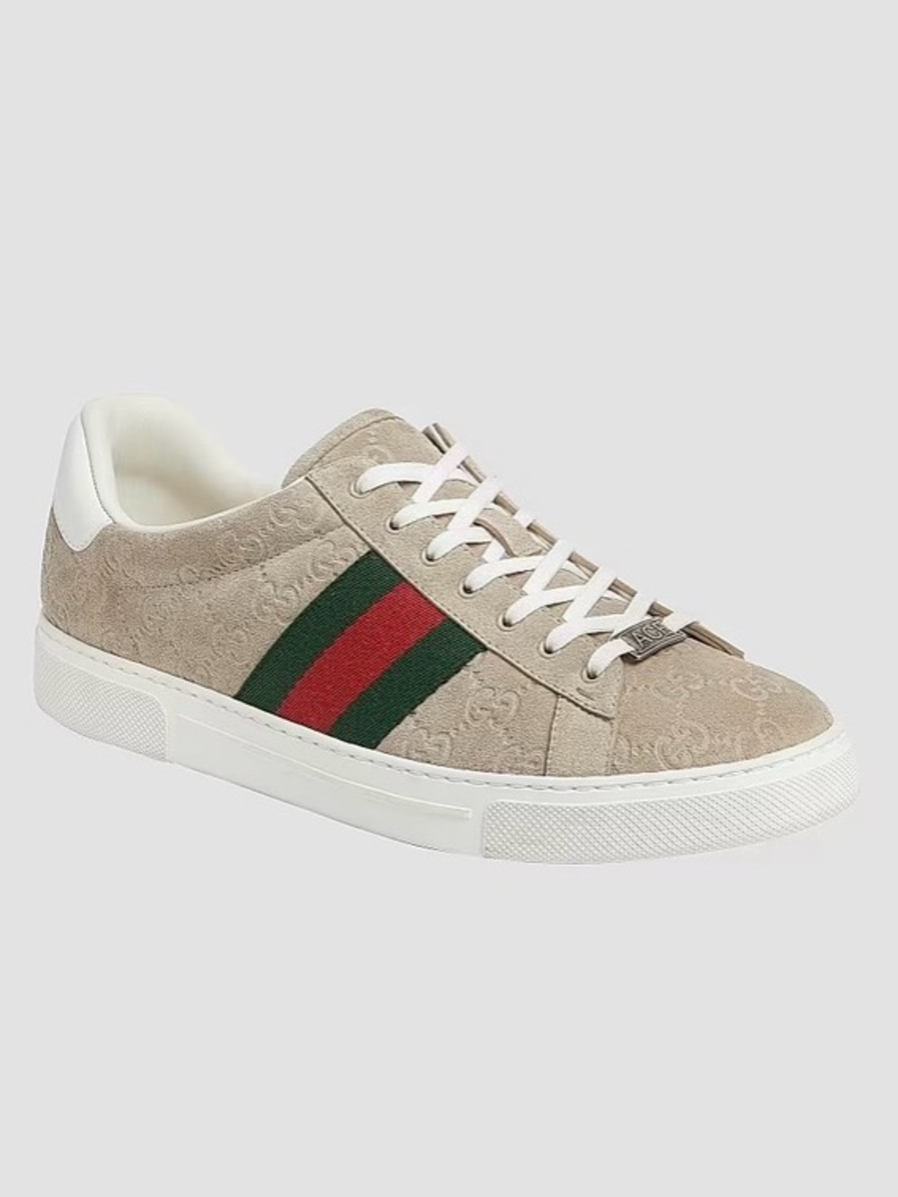 Gucci “Oatmeal” Suede Ace GG Web Sneaker with Green and Red